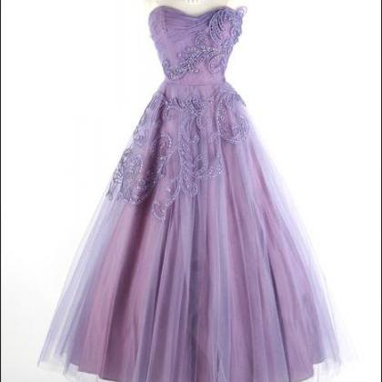 Vintage Prom Dress, Purple Prom Gowns, Beading..