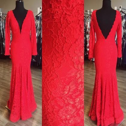 V Neck Red Lace Prom Dresses Wedding Party Dresses..