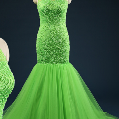 Real Pictures Bright Green Elegant Mermaid Prom..