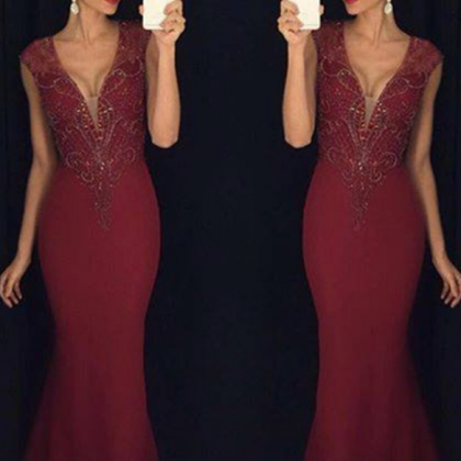 Plunging Neck Dark Red Trumpet Prom Dress With..