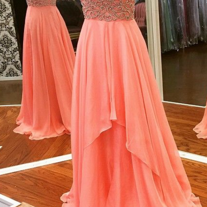 Strapless Coral Long Chiffon Prom Dress With..