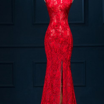 Long Sexy Prom Dress, Red Lace Evening Dress, See..