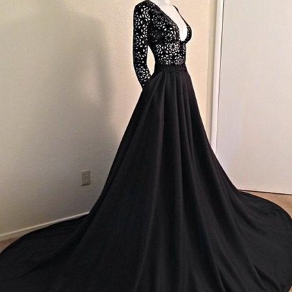 Charming Black Lace Prom Dress,sexy Deep V-neck..