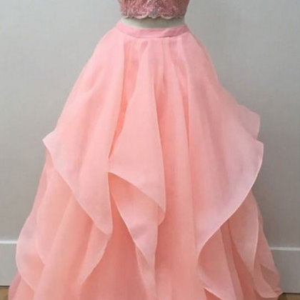 Pink Two Pieces Lace Long Prom Dress, Pink Evening..