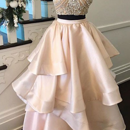 Pink Two Pieces Beaded Long Prom Dress, Pink..