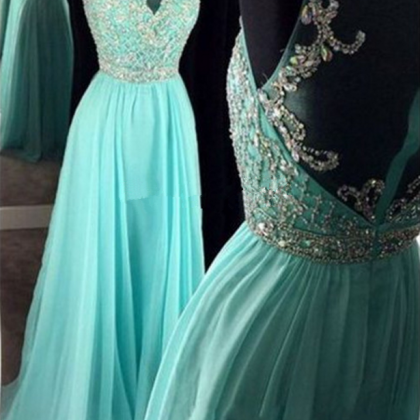 Illusion Neckline Long Appliques Chiffon Prom Dresses