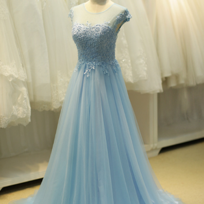 Prom Dresses, A Line Blue Evening Dress, Beaded..