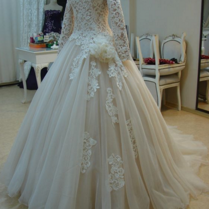 Light Champagne Muslin Wedding Dress With Handmade..