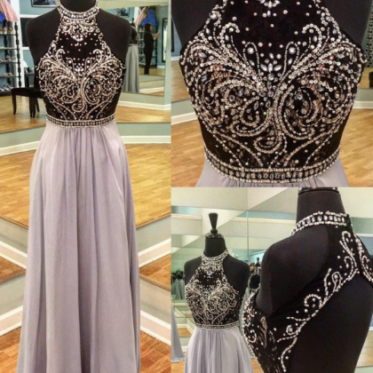 Halter Beaded Prom Dress With Open Back