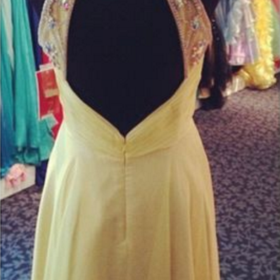 Light Yellow Chiffon Prom Dress With Open Back