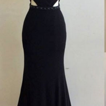 Jewel Neck Long Black Prom Dress With Beads