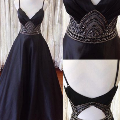 Spaghetti Straps Open Back Black Prom Dress With..