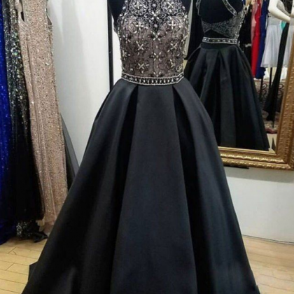 Black High Neck Lace Beads Long Prom Dress Evening..