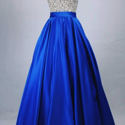 Halter Long Royal Blue Prom Dress With Open Back..