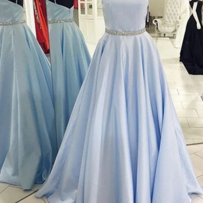 Light Blue Long Satin Prom Dress With Beaded Waist..