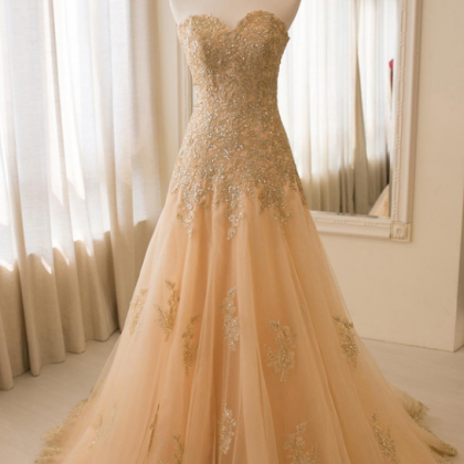 Strapless Champagne Wedding Dress With Appliques..