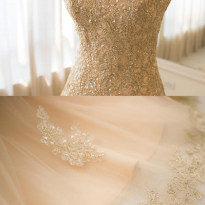 Strapless Champagne Wedding Dress With Appliques..