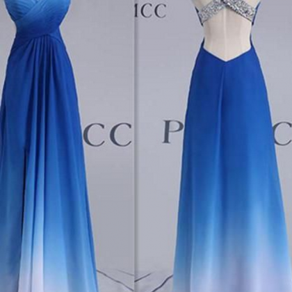 Blue Long Prom Dress With Beaded Straps Evening..