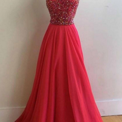 Red Chiffon Long Prom Dres With Beads Evening..
