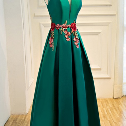 Evening Dress Sheer Plunging Neck Emerald Green Long Formal Occasion