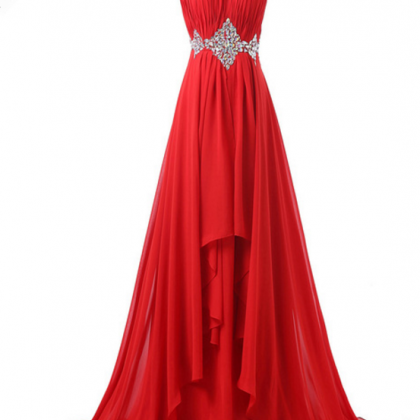 A Red, Elegant Formal Ball Gown With A Bridesmaid..