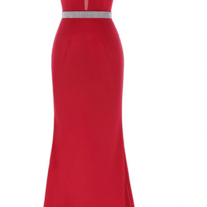 A Red Beaded Evening Gown With A Sexy Sleeveless..
