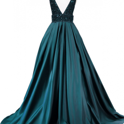 Long Emerald Evening Gown, Prom Dress V Neck..