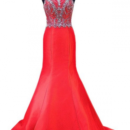 The Red Evening Dress Mermaid Has A High-necked..