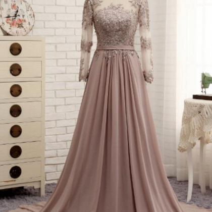 Long-sleeved Beaded Evening Gown, Elegant Dress,..