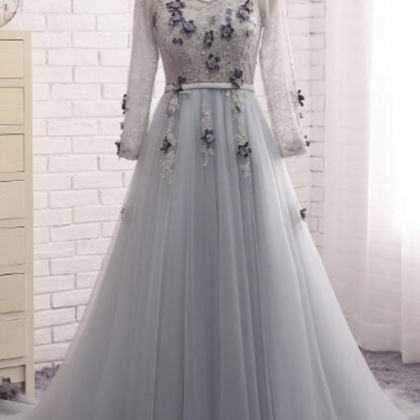 Grey Evening Gown With Lace Tulle Long Sleeves