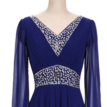 Beaded Long-sleeved Chiffon Evening Dress, Royal..