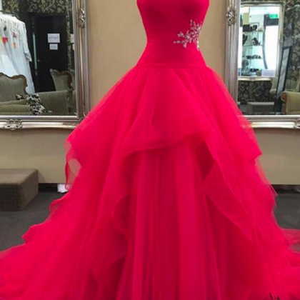 Red Sweetheart Neck Tulle Long Prom Dress, Red..
