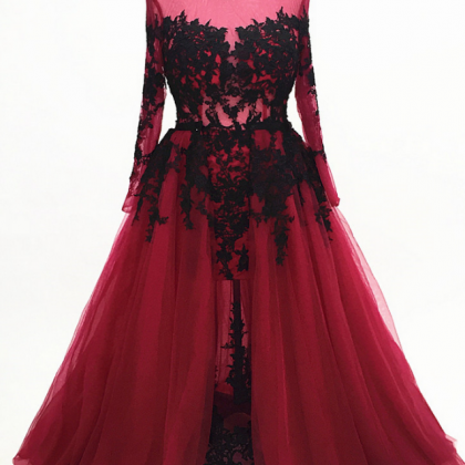 Burgundy Long-sleeved Long Evening Dress Lace The..