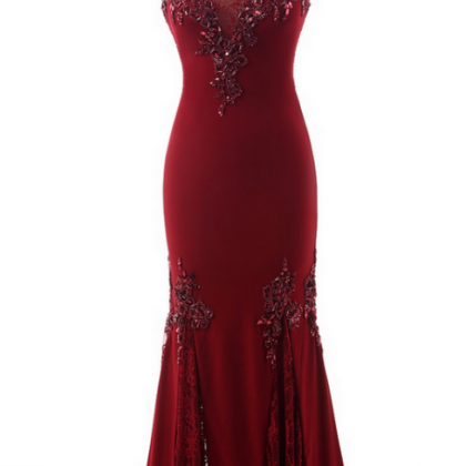Wine Red Lace Sexy Evening Gown, Long Neck Gown.