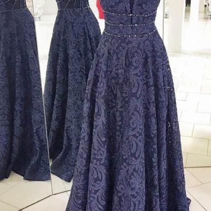A-line Deep V-neck Dark Blue Lace Prom Dress With..