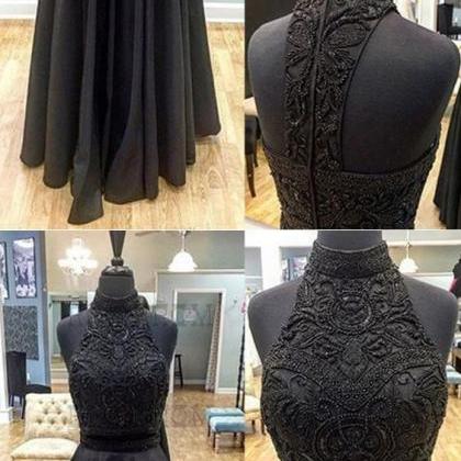 Two Piece Prom Dress A Line Beautiful Long Black..