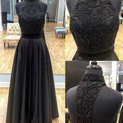 Two Piece Prom Dress A Line Beautiful Long Black..