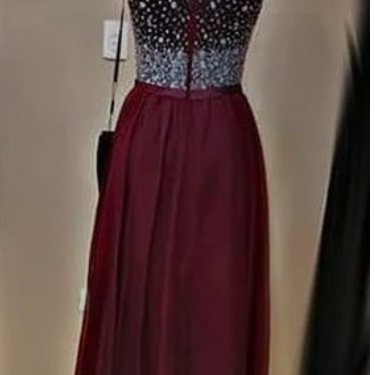 Wine Red Transparent Nail Ball Gown Party Dress.