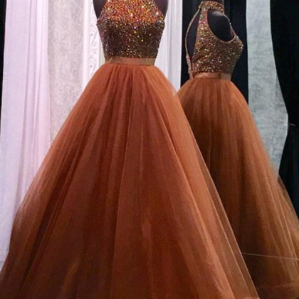 Charming Tulle Halter Beaded Prom Dress, Sexy Long..