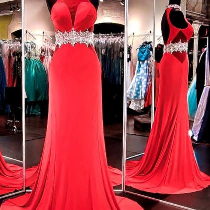 Red Jersey Prom Dress With Crystal Choker And..