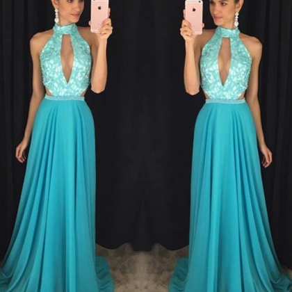 Halter Neck Chiffon Prom Dresses Lace Appliques Women Party Dresses on ...