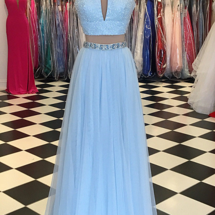 Light Blue Beaded Prom Dress,high Neck Two Piece..