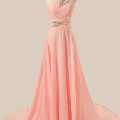 Delicate Pink One Shoulder Beadings Prom Gown ,..