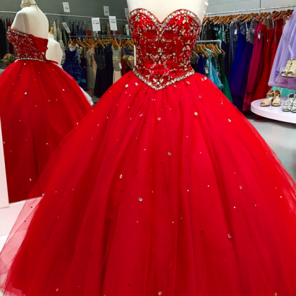Quinceanera Dress, Red Quinceanera Dres, Crystal..