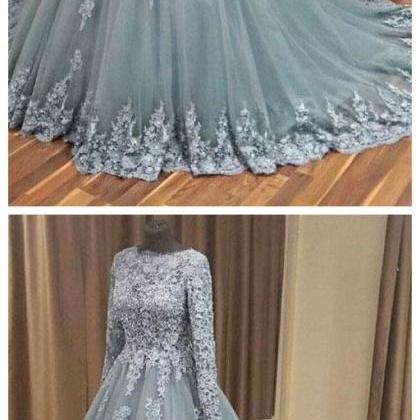 A-line Grey Tulle Lace Appliqued Long Sleeves..