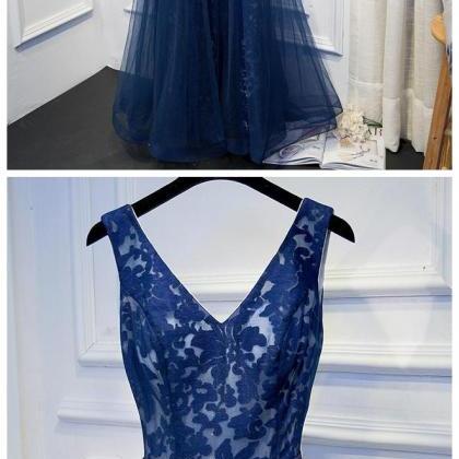 A Line Navy Blue Organza Formal Evening Dress..