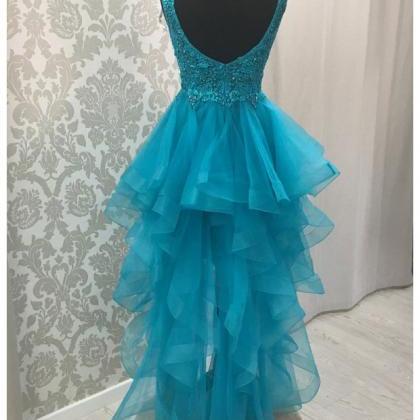 Blue Beaded Lace High Low Prom Dresses..