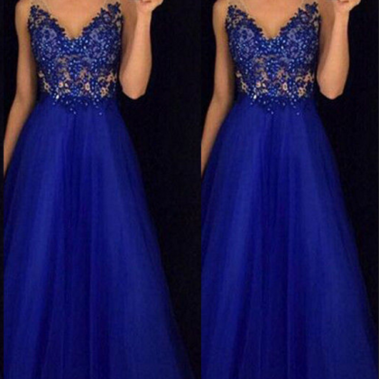 Beaded Royal Blue Prom Dress, Tulle Prom Dresses,..