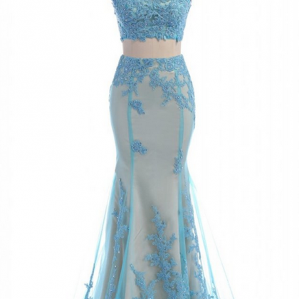 Gergeous Two Piece Blue Prom Dress, Appliques Long..