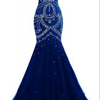 Navy Blue Tulle Prom Dresses, Sweetheart Sequins..